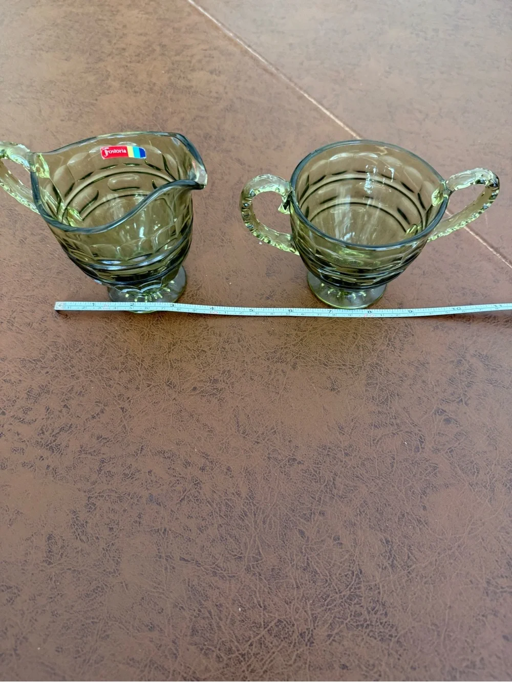 Vintage Fostoria Hermitage green glass Creamer and Sugar Set w sticker EUC